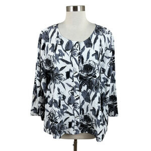 Habitat Clothes to Live In Black Floral Linen Button Tunic Coastal Cruise XL